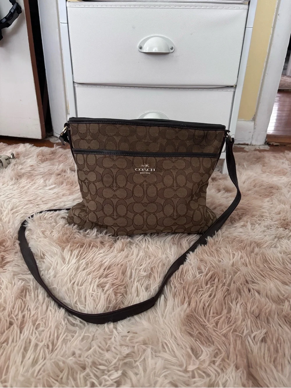 Coach Brown Signature Canvas Crossbody Bag with Dark Trim